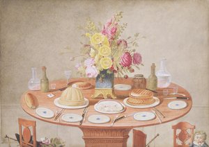 PD.869-1973 Natureza morta com um vaso de flores sobre uma mesa preparada para uma refeição, c.1810 (wc e guache)